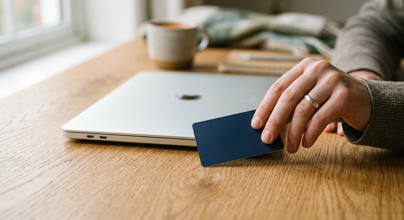 Carte bancaire posée près d’un ordinateur portable