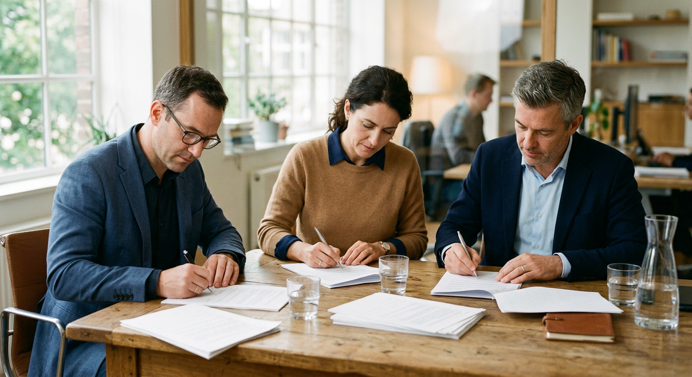 Associés signant ensemble les documents de clôture